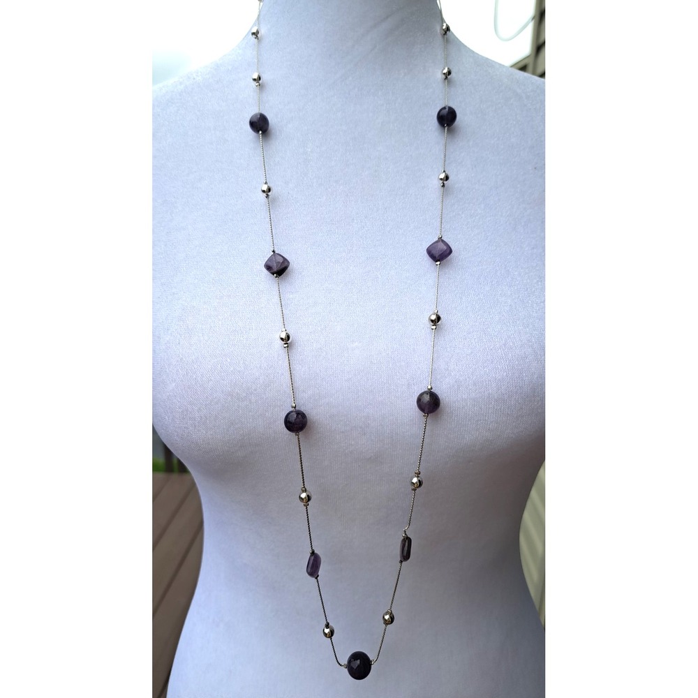 Gemstone Fashion Jewelry Beaded Necklace Natural Amethyst Silver Tone Chain Long